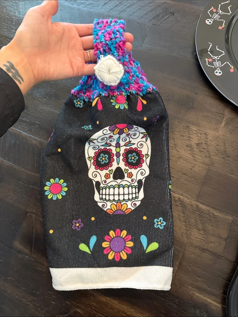 Day of the Dead Black Sugar Skull Party Plate & Tray Set with Dishtowel Plastic